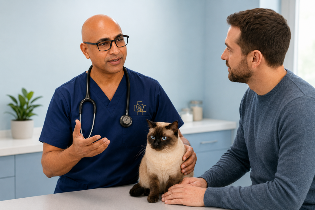 Veterinarian conducting a clinical examination at PETCAREVET-X