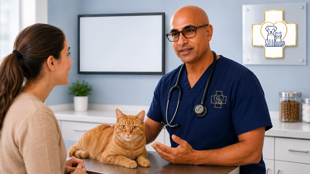 Veterinarian discussing the current health of an orange cat with its owner at PETCAREVET-X