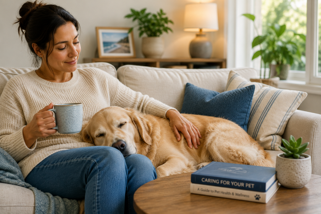 Woman caring for her Golden Retriever at home after veterinary treatment
