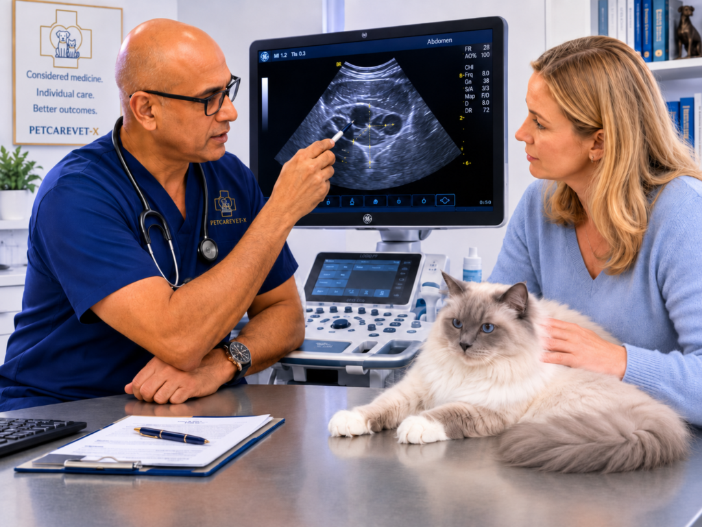 Veterinarian explaining an ultrasound scan to the owner of a Ragdoll cat at PETCAREVET-X