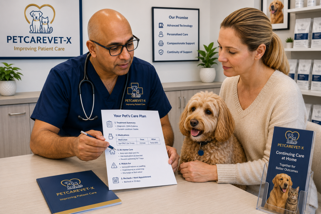 Veterinarian explaining a personalised care plan to a dog owner at PETCAREVET-X