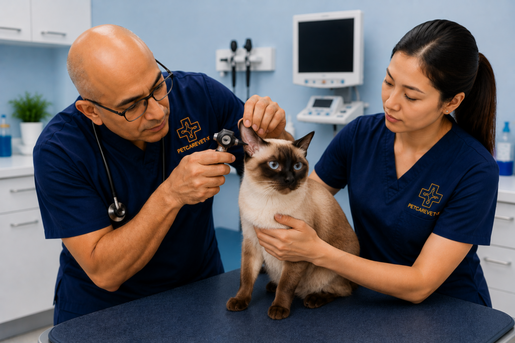 Veterinarian performing an ear examination on a cat at PETCAREVET-X