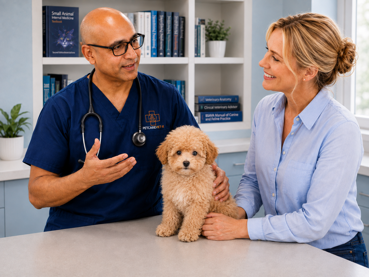 Veterinarian discussing care with a pet owner and her dog at PETCAREVET-X.