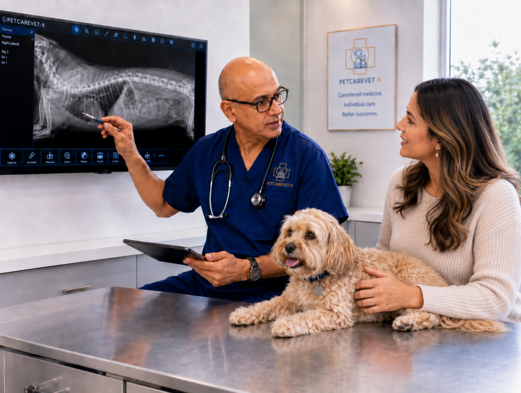 Veterinarian explaining an X-ray to a pet owner with her dog at PETCAREVET-X.