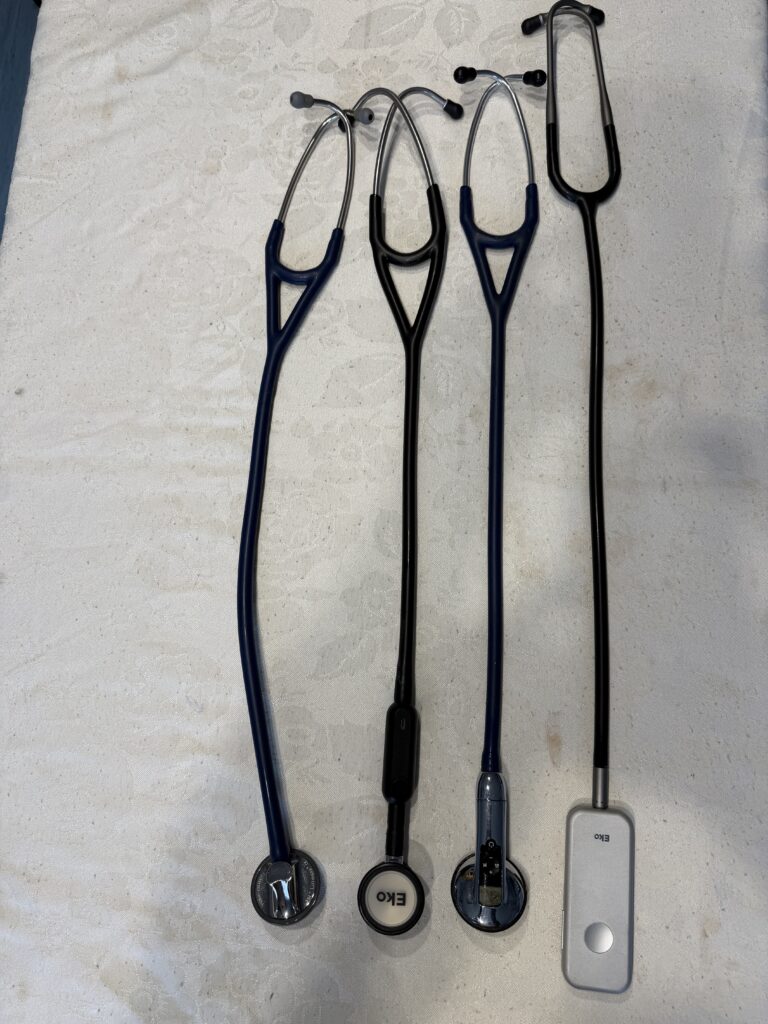 High-quality cardiology and electronic stethoscopes used at PETCAREVET-X for cardiovascular assessment.