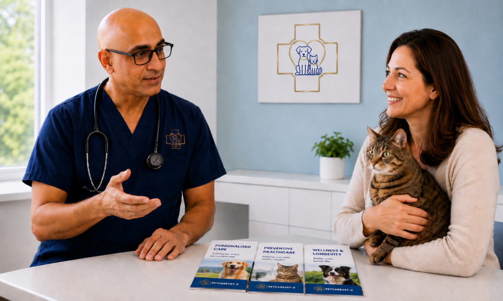 Veterinarian discussing personalised care with a pet owner holding her cat at PETCAREVET-X.