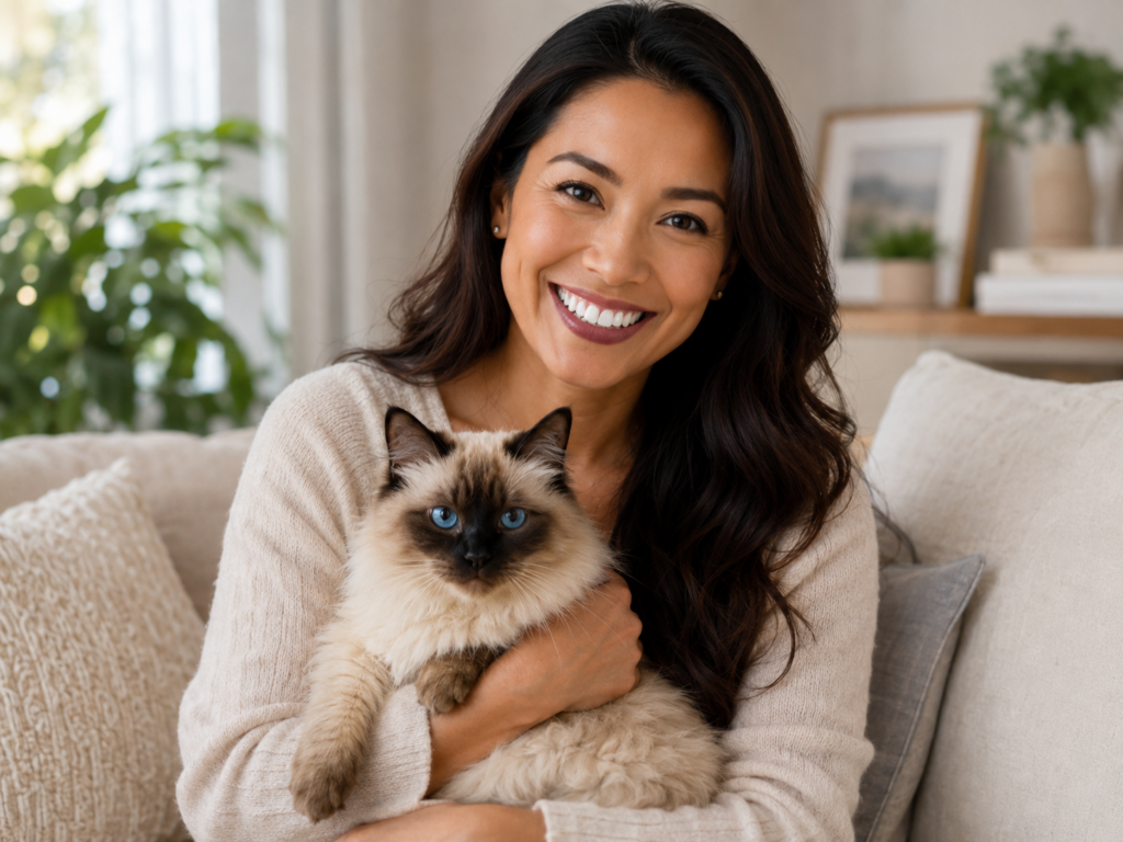 Pet owner at home holding her cat.